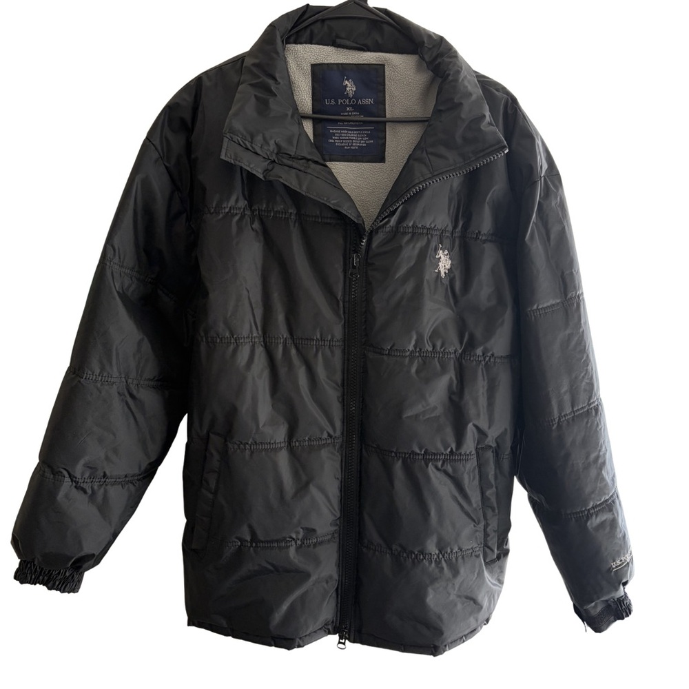 US Polo Assn Mens Puffer Jacket Black Fleece Lined Quilted Full Zip Coat XL